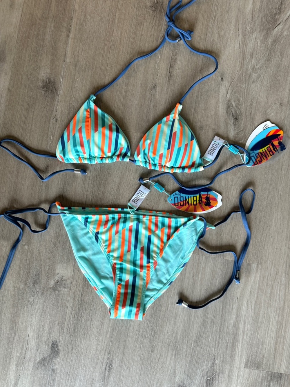 Striped Tie-Side Bikini Set in Aqua and Orange